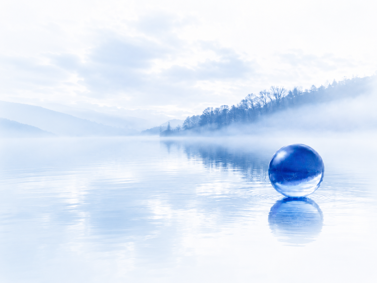 A glass sphere resting in a misty lake beneath a pale sky